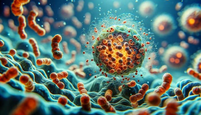 Ferritin Blood Test in Harrogate: Microscopic view of ferritin proteins storing iron in human cells, showing their role in health.