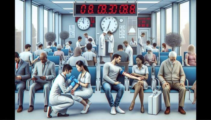 A busy clinic waiting room with patients checking in and waiting; nurse efficiently drawing blood, clock showing 30-60 minutes.