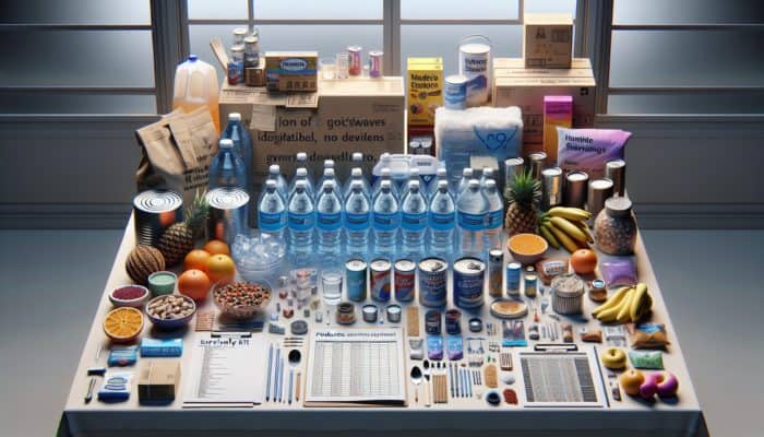 Surviving a Heatwave: A supply kit for heatwaves with water, non-perishable foods, and hydration salts in a shaded room.