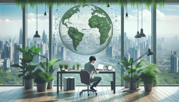 A home office with plants and a laptop, overlooking a city with less traffic, symbolizing reduced carbon footprint from remote work.