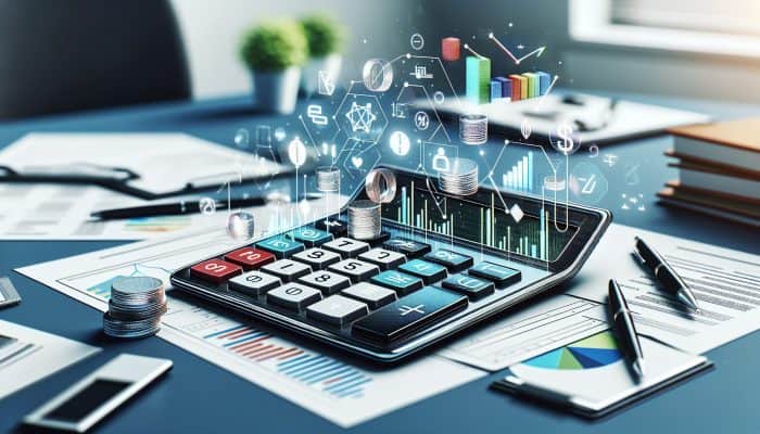 A modern calculator on a desk with financial documents, graphs, and charts in an office.