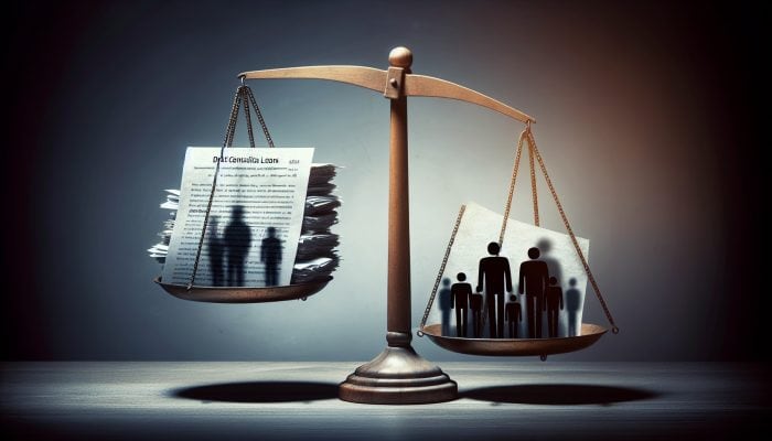 A scale showing a loan document versus shadowy figures representing hidden fees, highlighting their impact on loan costs.