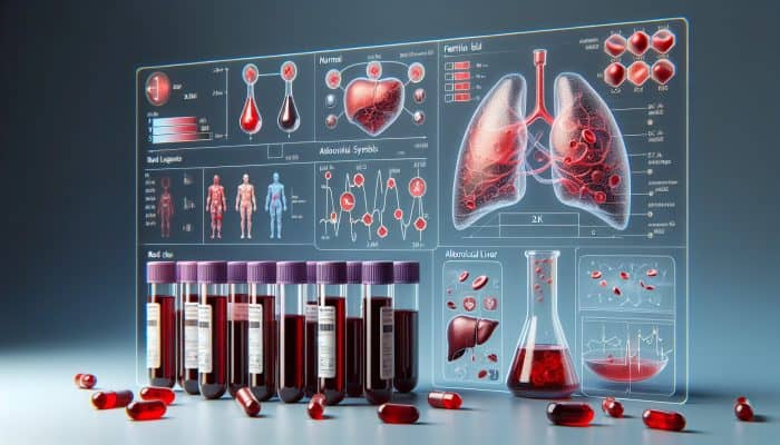 Ferritin Blood Test in Royal Leamington Spa: Illustration of ferritin blood test with vials, charts, and diagrams of red blood cells and liver affected by iron levels.