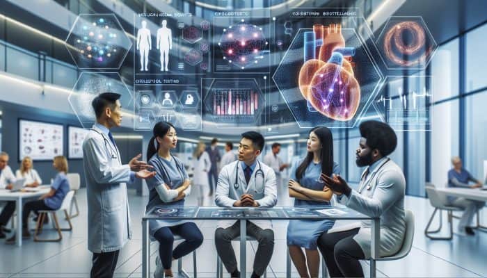 Diverse healthcare professionals discussing cholesterol testing results on digital screens in a modern King's Lynn clinic.