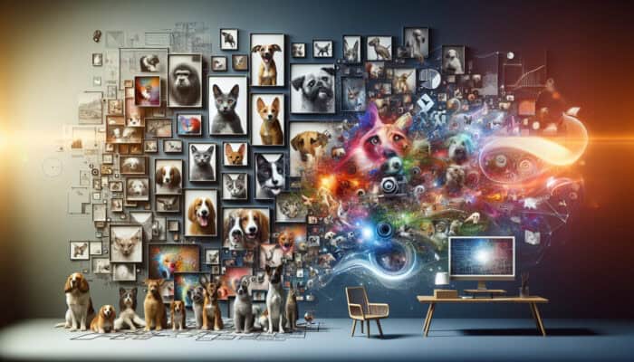 A gallery of diverse pet portraits in various artistic styles, celebrating pet-owner bonds.