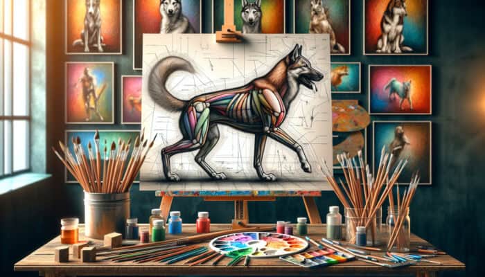 A detailed sketch of a dog in dynamic poses, with artist tools and feedback notes in a vibrant studio.
