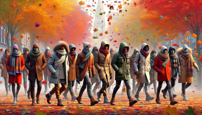 Autumn Packing Trends for Clearance Items: People in layered outfits with discounted Barbour jackets, Joules scarves, and Clarks boots in a colourful autumn UK scene.