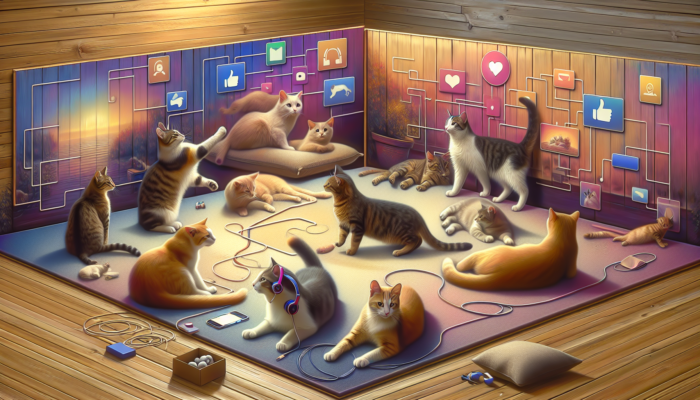 A vibrant digital illustration of cats in a cosy online community with a 'Join Our Feline Community on Facebook' banner.