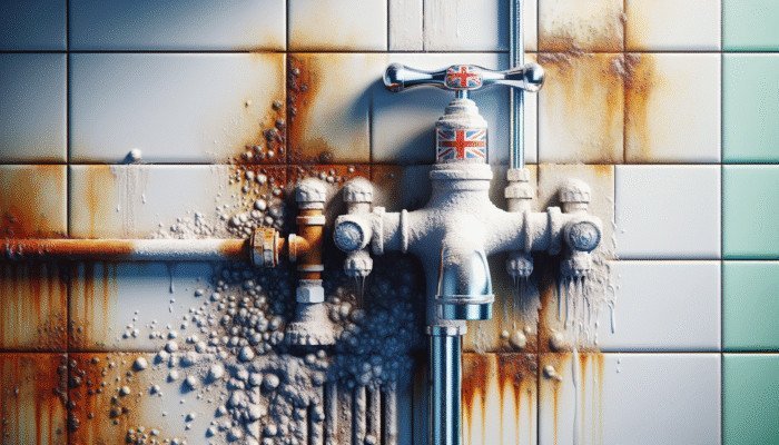 Modern UK bathroom featuring rust and limescale on fixtures and tiles, indicating a need for cleaning.