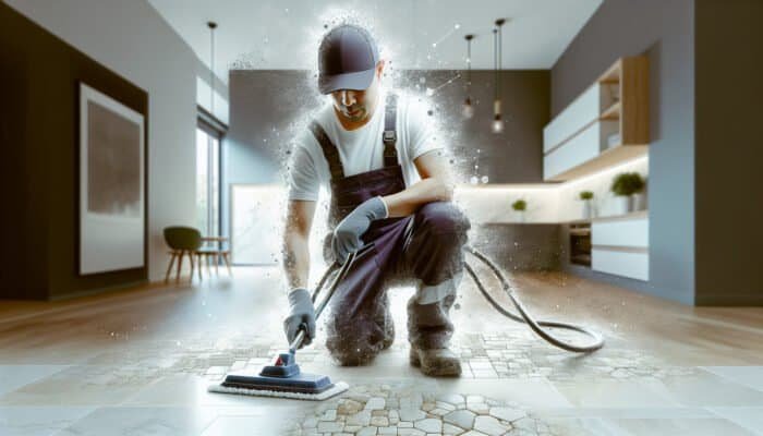 A professional cleaner in Barnet meticulously cleaning travertine floor tiles, restoring their shine in a modern home.