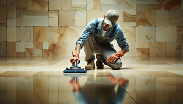 A professional cleaner in Barnet meticulously cleaning and polishing travertine floor tiles to restore their sheen.