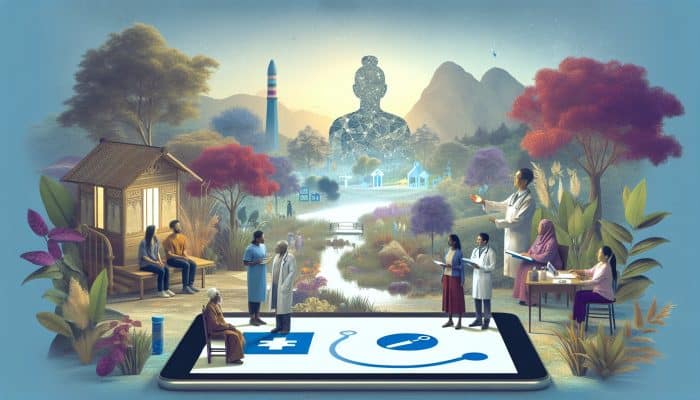 A serene medical clinic in Bicester with patients using a modern online system to book diabetes blood tests, supported by a GP.