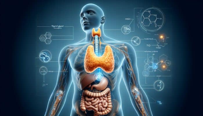 Advanced Thyroid Blood Test in Brierley Hill: Anatomical illustration of thyroid gland, showing T3 and T4 hormone production for metabolism, growth, and development.