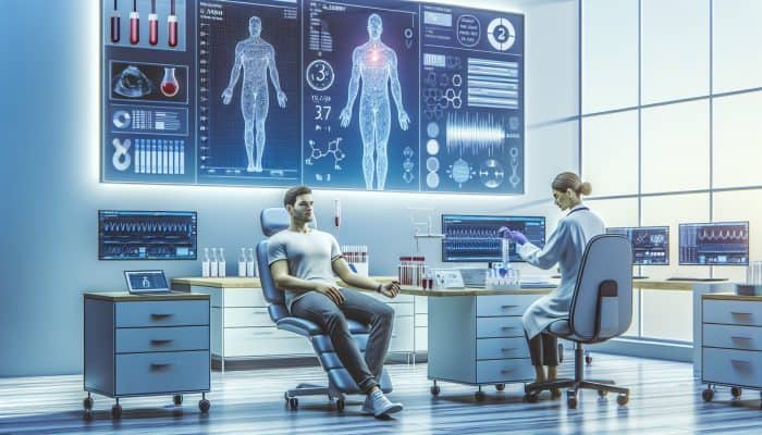 A patient calmly preparing for a thyroid blood test in a modern Salisbury medical lab with advanced equipment and a professional technician.