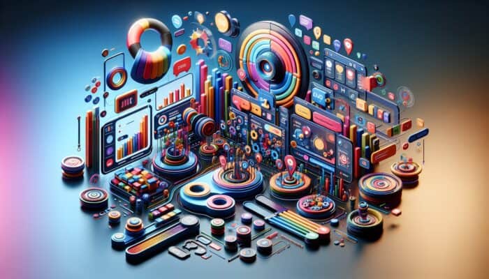 A vibrant digital interface showcasing quizzes, polls, sliders, colourful graphics, and dynamic animations that enhance user engagement and SEO.