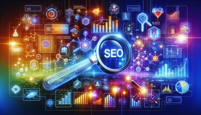 A digital landscape depicting SEO charts, interactive elements, and a magnifying glass focusing on KPIs.