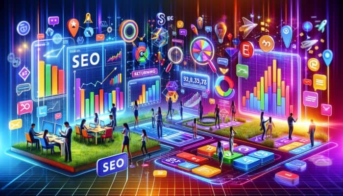 A vibrant digital interface showcasing gamified SEO elements, interactive quizzes, and personalised calculators against colourful graphs.