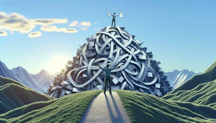 A person atop a mountain of merged debts, symbolising financial freedom through debt consolidation.