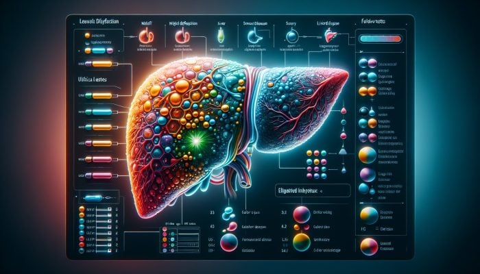 Illustration of a liver showing mild dysfunction and serious disease, with enzyme levels chart and follow-up tests.