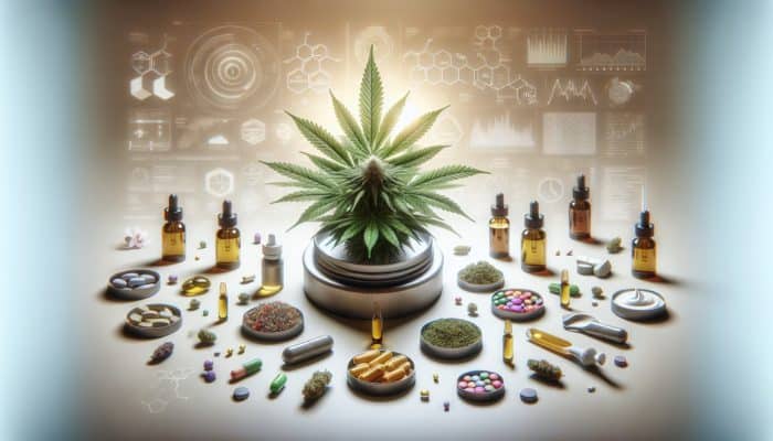 CBD supplements for recovery: Various CBD supplement forms around a blooming cannabis plant, symbolising health and recovery.
