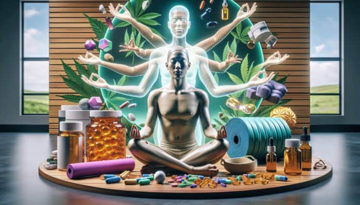 A person meditating in a nature-infused recovery room surrounded by CBD supplements and expert holograms.