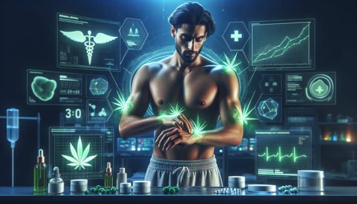Athlete applying CBD oil, surrounded by charts showing reduced inflammation and better sleep in a modern lab.