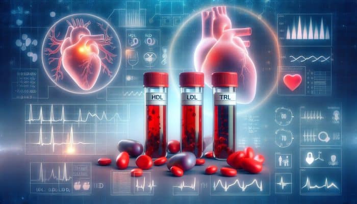 Cholesterol Blood Test in Milton Keynes: Illustration of lipid panel test vials labeled HDL, LDL, triglycerides, with heart and arteries background.