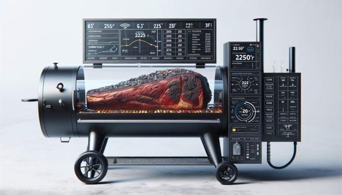 Smoker with thermometer at 225°F-250°F, prime rib, charcoal setup for indirect heat, adjustable vents, pellet system.