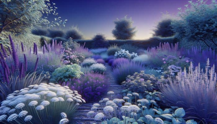 Herbs to Calm Anxiety Naturally: A serene English garden at dusk with blooming lavender, chamomile, and lemon balm, symbolising natural anxiety relief.