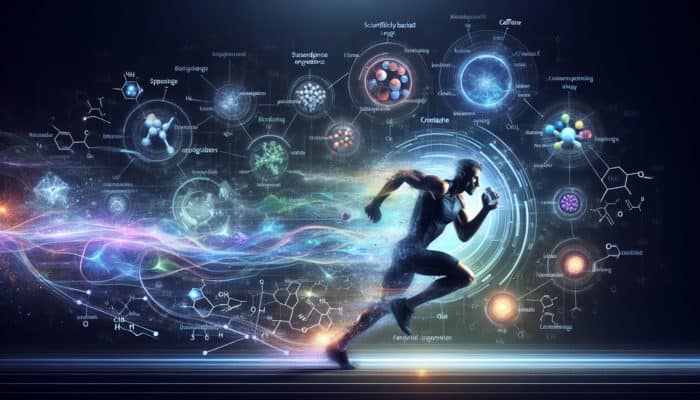 How Supplements Enhance Endurance: Athlete running with enhanced stamina from endurance supplements, vibrant scientific ingredients backdrop.