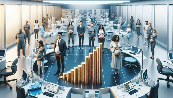 Cost of Fertility Treatments: Diverse group of hopeful parents in a fertility clinic, surrounded by medical equipment and cost charts.