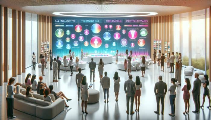 A modern fertility clinic displaying all-inclusive packages and tiered pricing options with graphs and success rate charts.