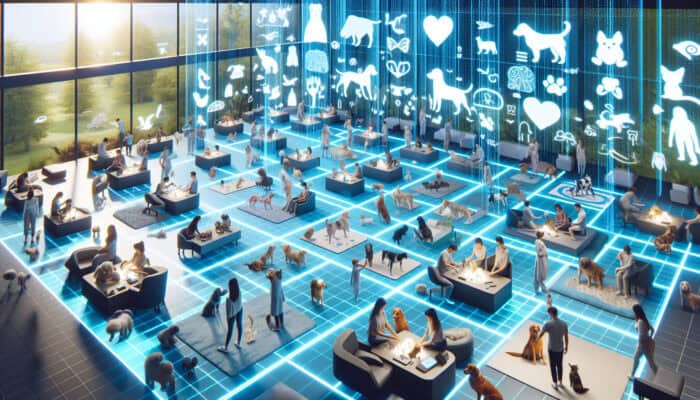 Futuristic pet awareness day with holograms for mental health workshops and stress-relief activities.