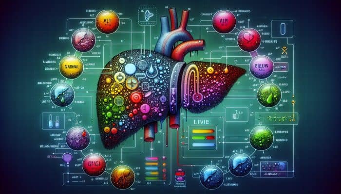 Liver Blood Test in Glasgow: Illustration of liver blood test analysis showing levels of ALT, AST, ALP, bilirubin, and albumin with color-coded indicators.