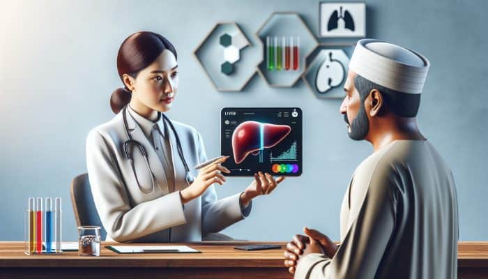 Person discussing liver blood test results with doctor, using digital screen and liver model.