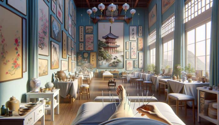 A serene UK clinic showcasing the integration of Japanese and Chinese acupuncture with traditional and modern elements.