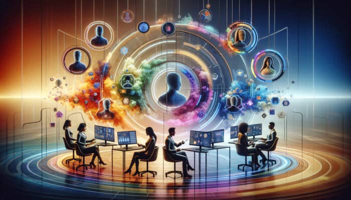 Diverse virtual assistants sharing digital resources and knowledge in a modern workspace.