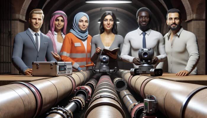 A sewer inspection team using advanced robotic cameras to examine underground pipes for system integrity.