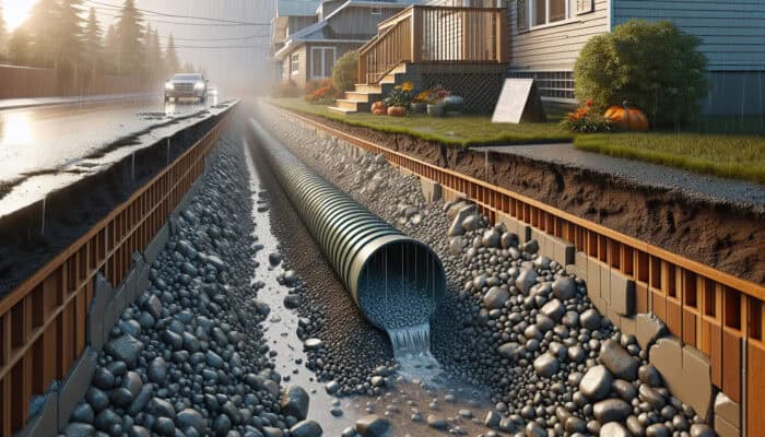 Cross-section of a French drain in South Vancouver with gravel and perforated pipe redirecting water from a home's foundation during heavy rainfall.
