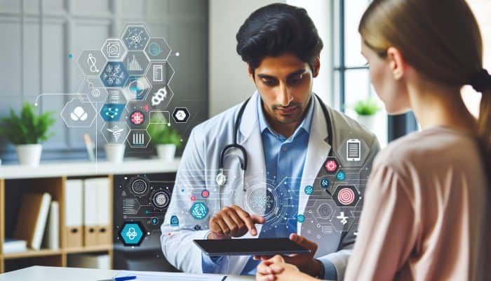 A healthcare provider and patient reviewing testosterone test results on a digital tablet in a clinic.