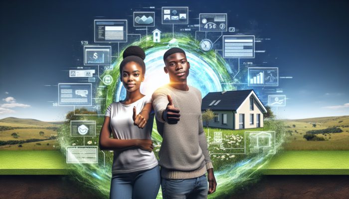 A young couple signing their first home loan in Nelspruit, with a modern house and green landscape.