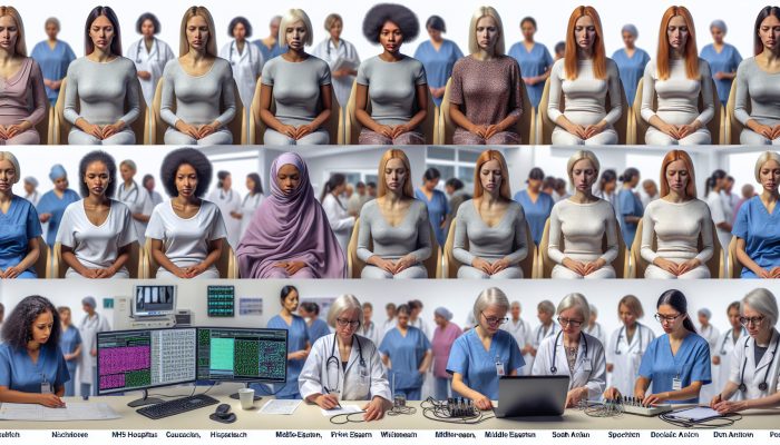 Diverse group of UK women accessing biofeedback services through NHS, private clinics, and women's health centers.