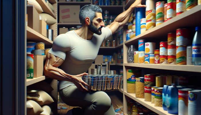 Person organizing canned goods, rice, pasta, and water in pantry, preparing for curfew.