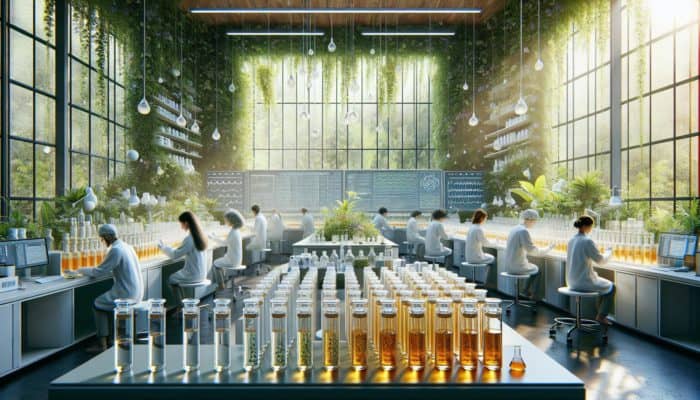 Scientists in white coats testing herbal purity in a lab with advanced equipment and natural light.