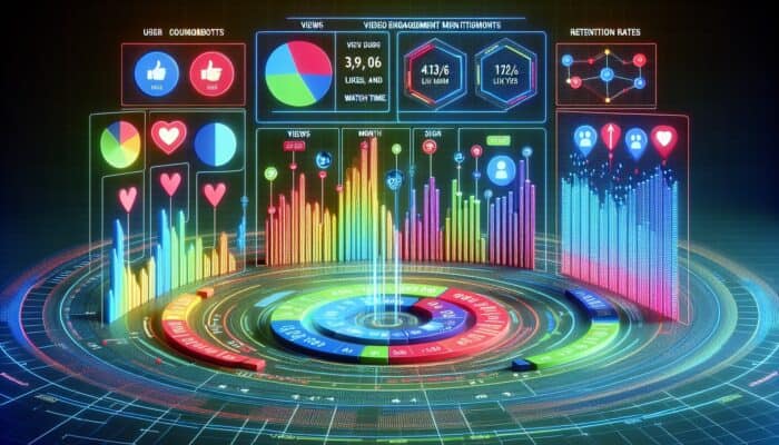A digital dashboard illustrating graphs of video engagement metrics by user sign-up month, emphasising retention rates.