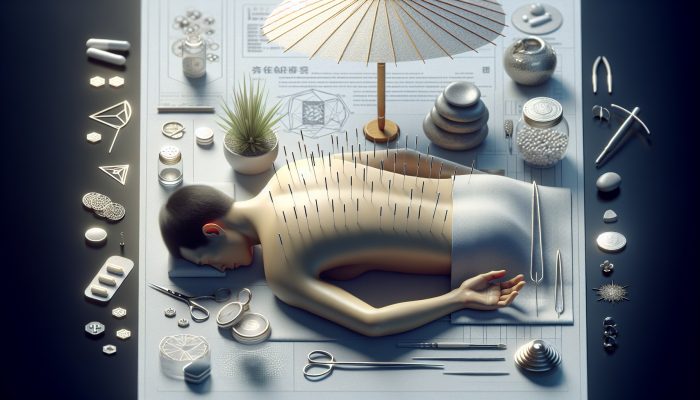 A serene acupuncture session with needles on a patient's back, surrounded by insurance symbols like policy documents and a protective shield.