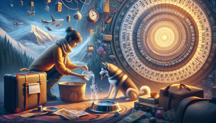 A dog drinking water from a bowl, surrounded by travel bags and a calendar, illustrating pre-trip hydration.