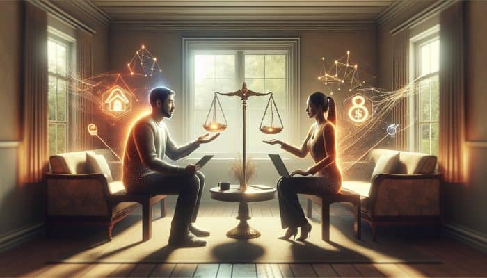 A couple in a cozy UK living room discussing financial strategies calmly with laptops and documents, symbolizing trust and collaboration.