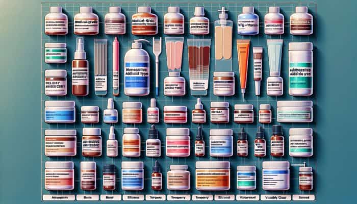 A table displaying various wig adhesives, each labelled for skin type and hold strength.