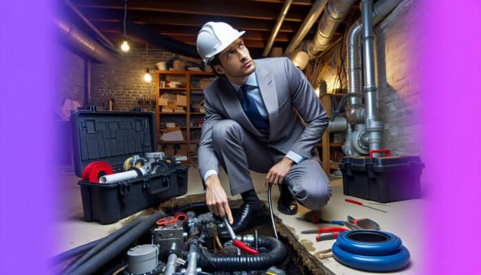 A drainage expert in Richmond inspecting a water-damaged basement, equipped for installation.